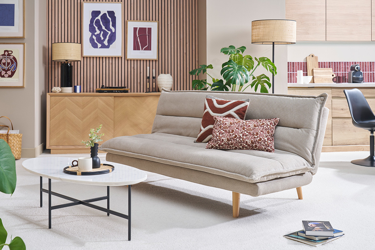 Sof� cama de 3 plazas en tejido chenilla texturado beige y madera clara BINGO