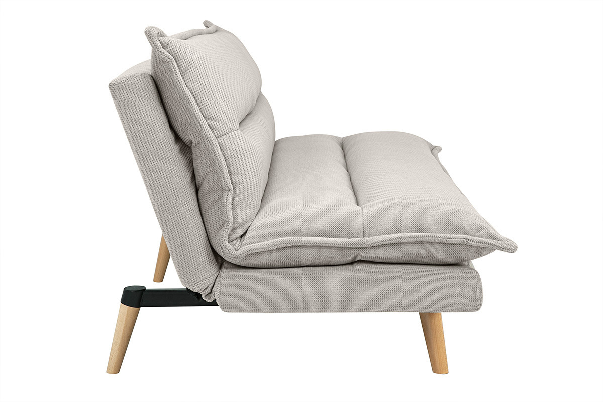 Sof� cama de 3 plazas en tejido chenilla texturado beige y madera clara BINGO