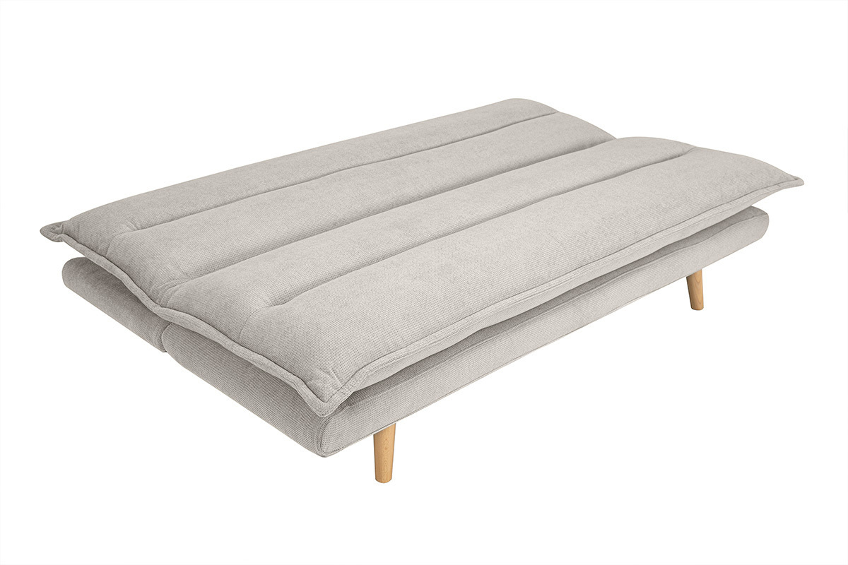 Sof� cama de 3 plazas en tejido chenilla texturado beige y madera clara BINGO
