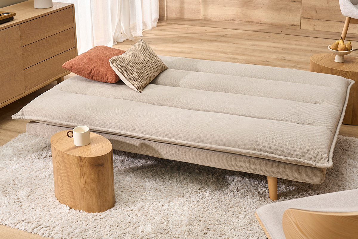 Sof� cama de 3 plazas en tejido chenilla texturado beige y madera clara BINGO