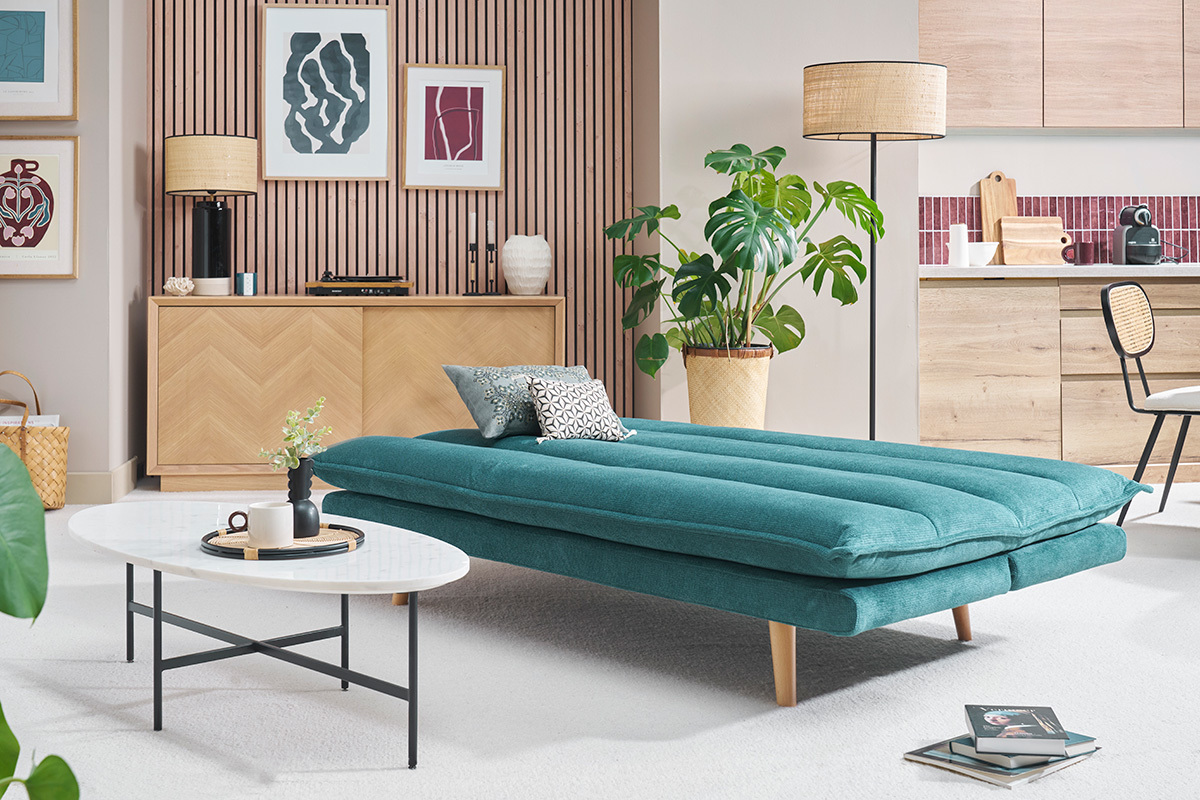 Sof� cama de 3 plazas en tejido chenilla texturado celad�n y madera clara BINGO