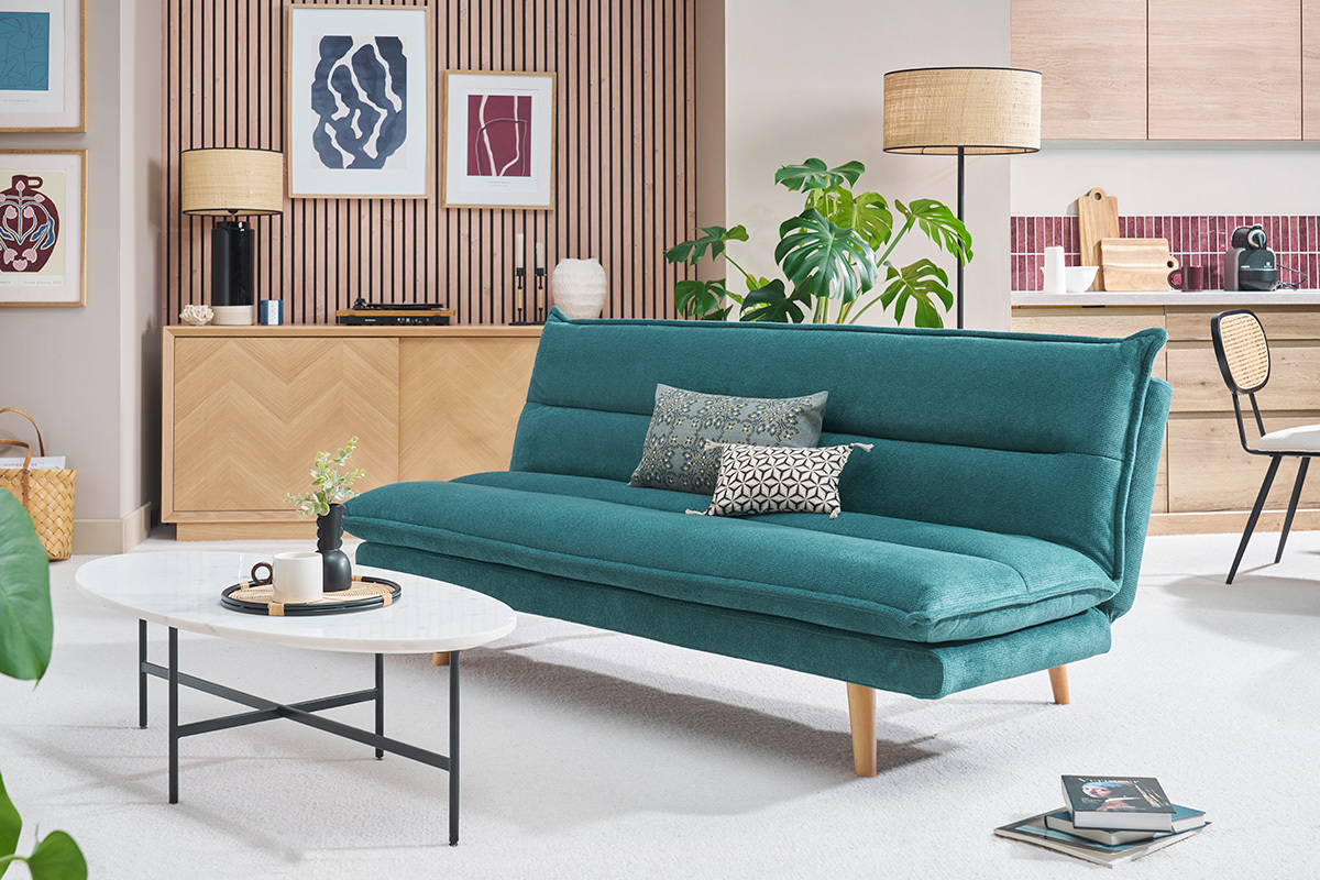 Sof� cama de 3 plazas en tejido chenilla texturado celad�n y madera clara BINGO