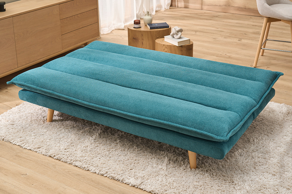 Sof� cama de 3 plazas en tejido chenilla texturado celad�n y madera clara BINGO