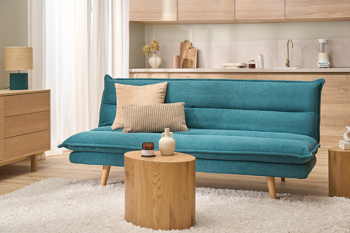 Sof� cama de 3 plazas en tejido chenilla texturado celad�n y madera clara BINGO