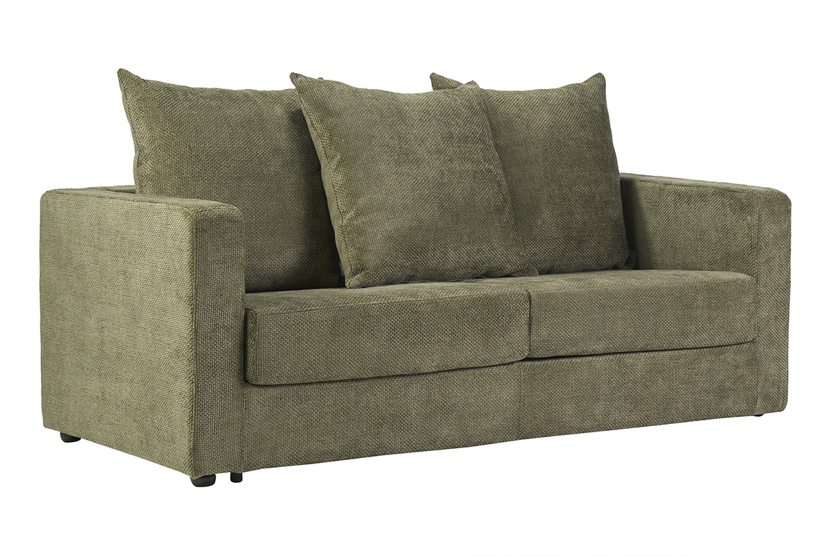 Sof� cama de 3 plazas en terciopelo chenilla verde caqui, con cojines, �ngulo 3/4.