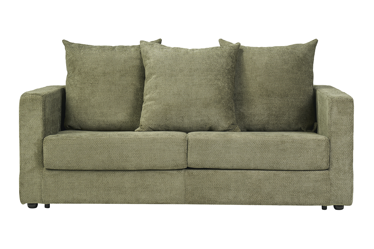 Sof� cama de 3 plazas en terciopelo chenilla verde kaki, vista frontal con cojines.