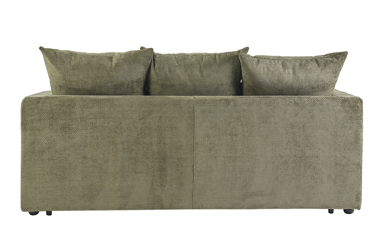 Canap� convertible de 3 plazas en terciopelo chenilla verde caqui, respaldo con cojines, vista trasera.
