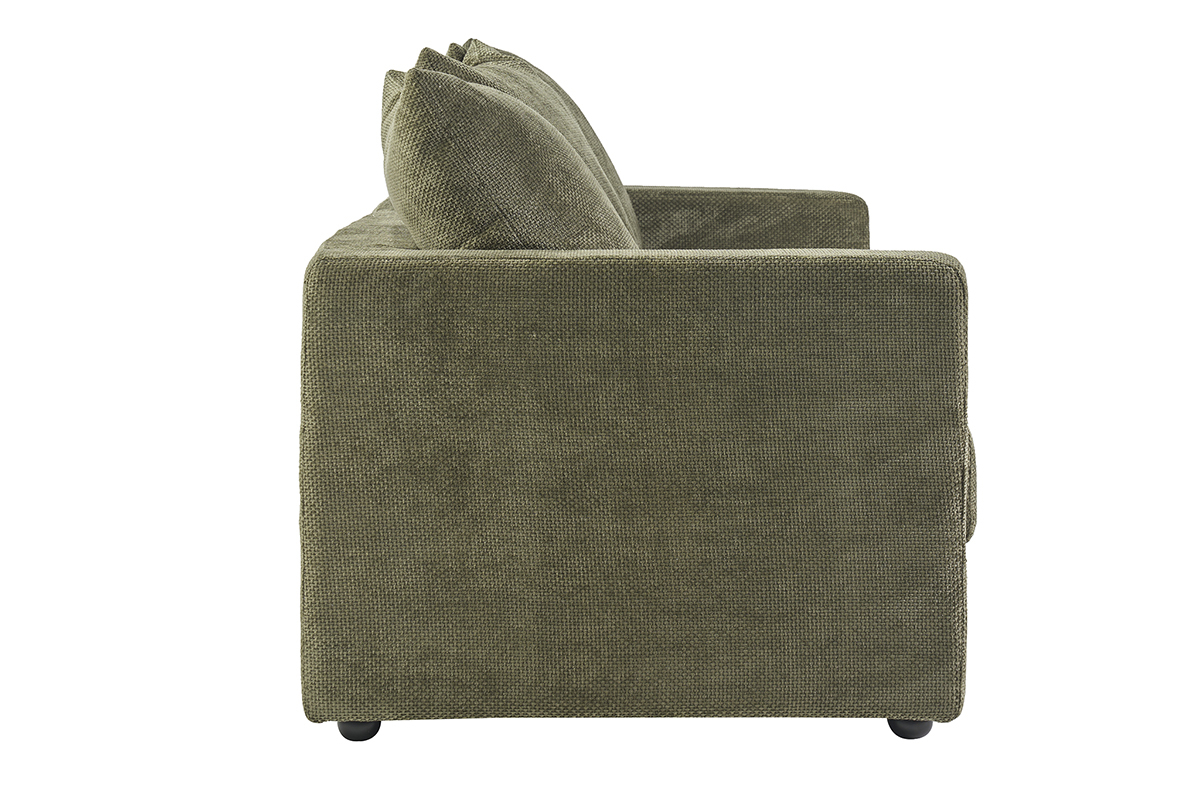 Sof� convertible de 3 plazas en terciopelo chenilla verde caqui, vista de perfil