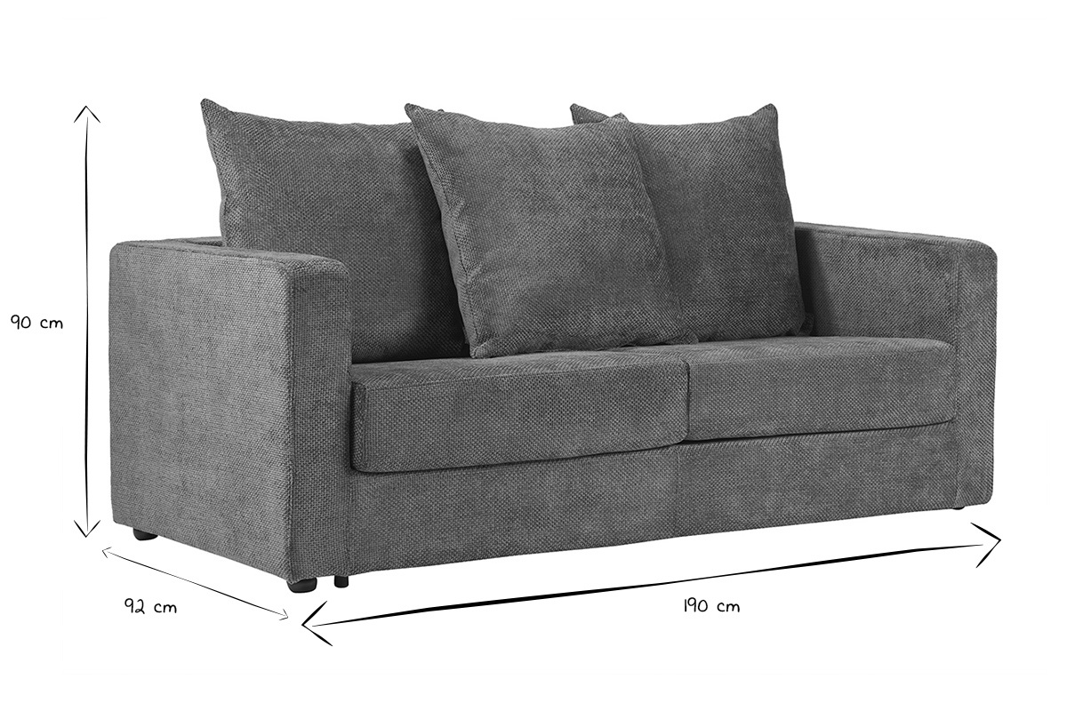 Dimensiones del sof� convertible de 3 plazas: 90 cm de altura, 92 cm de profundidad, 190 cm de ancho en negro y blanco.