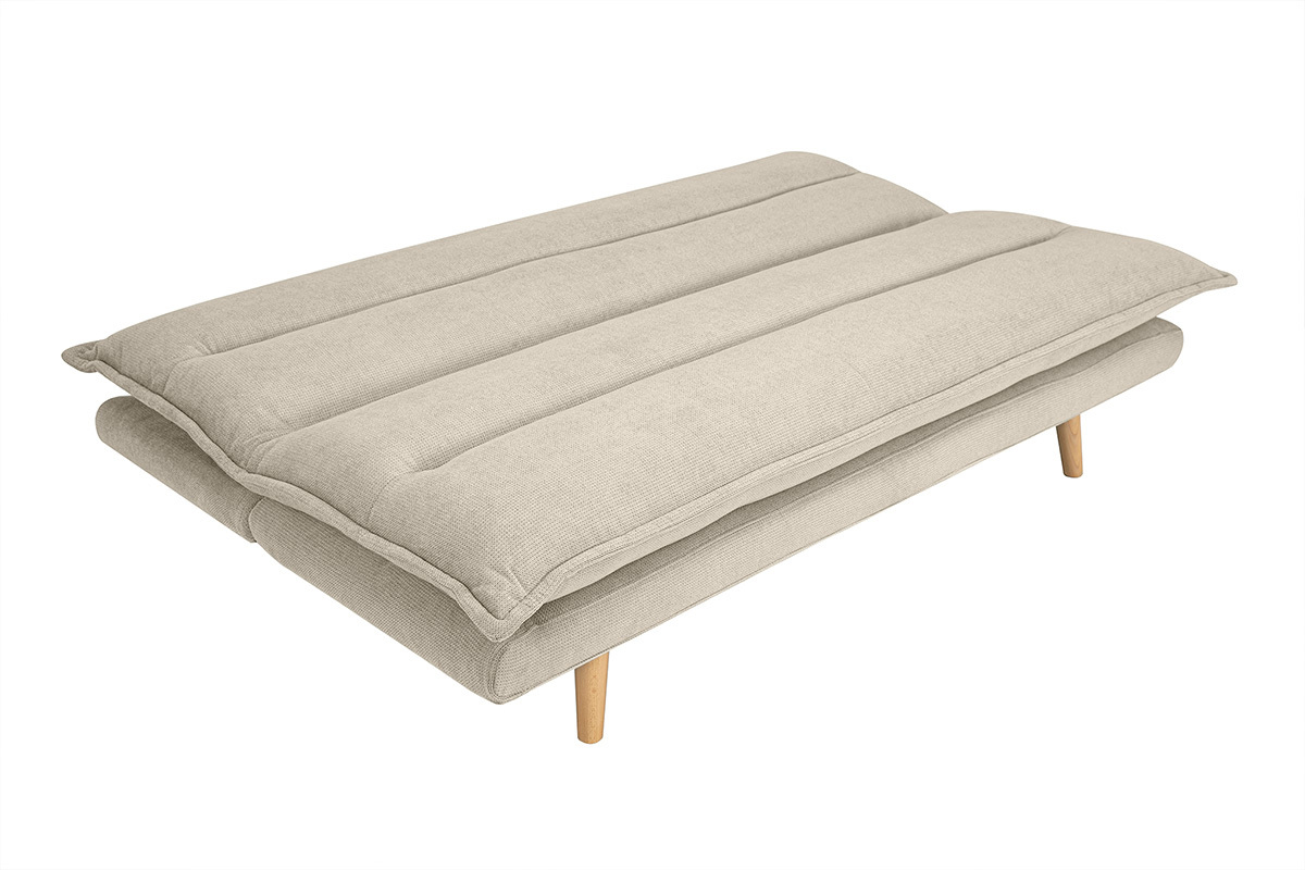 Sof cama de 3 plazas en tela efecto terciopelo texturado beige y madera clara BINGO