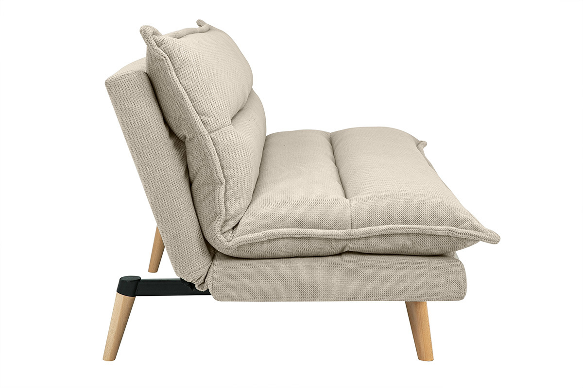 Sof cama de 3 plazas en tela efecto terciopelo texturado beige y madera clara BINGO