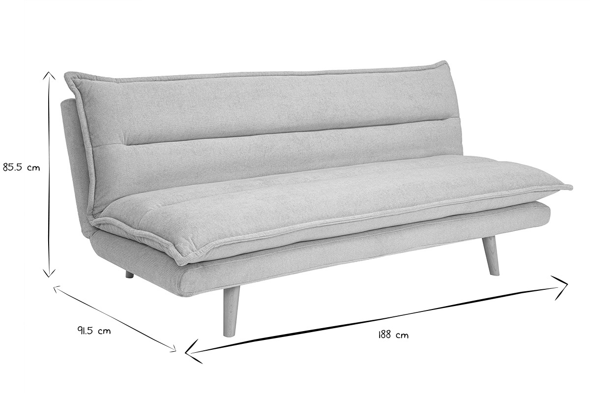 Sof cama de 3 plazas en tela efecto terciopelo texturado beige y madera clara BINGO