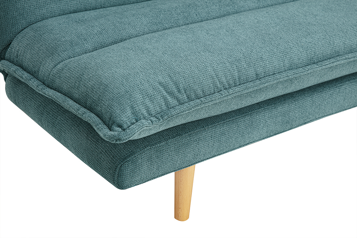 Sof cama de 3 plazas en tela efecto terciopelo texturado celadn y madera clara BINGO