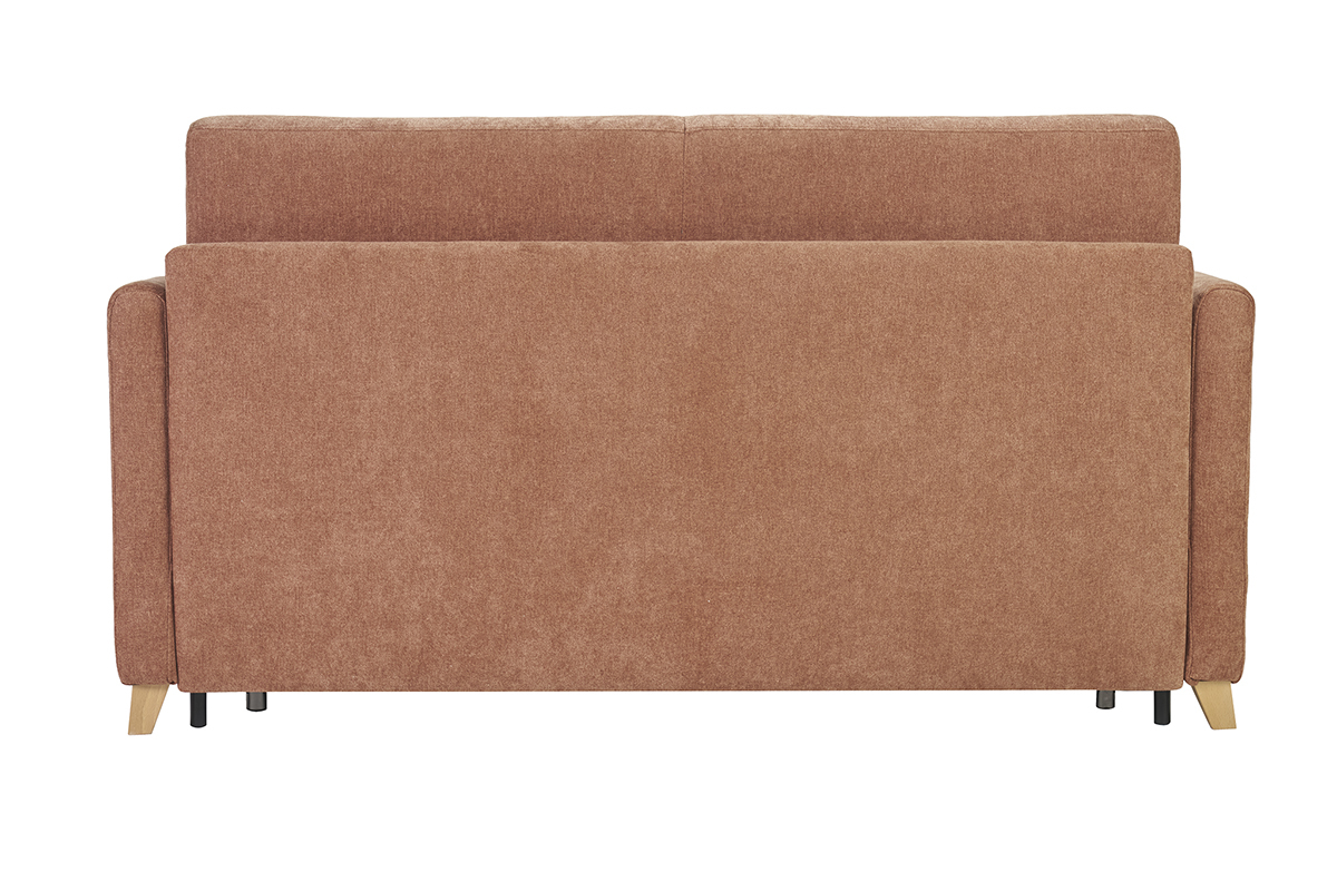 Sof cama de 3 plazas, vista trasera, tela efecto terciopelo tierra quemada, patas de madera clara.