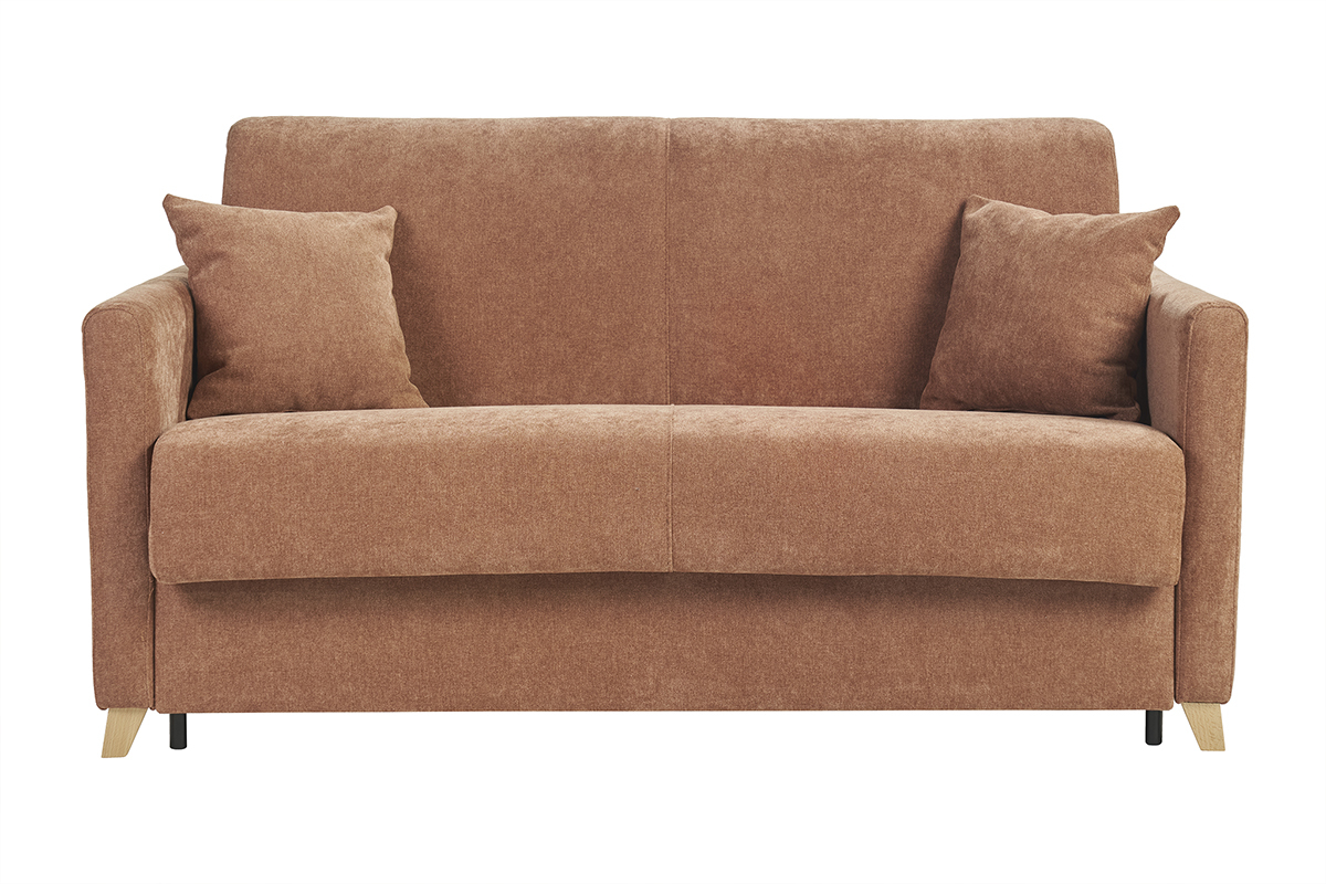 Sof convertible de 3 plazas en tela marrn quemado, vista frontal con brazos y patas de madera clara.