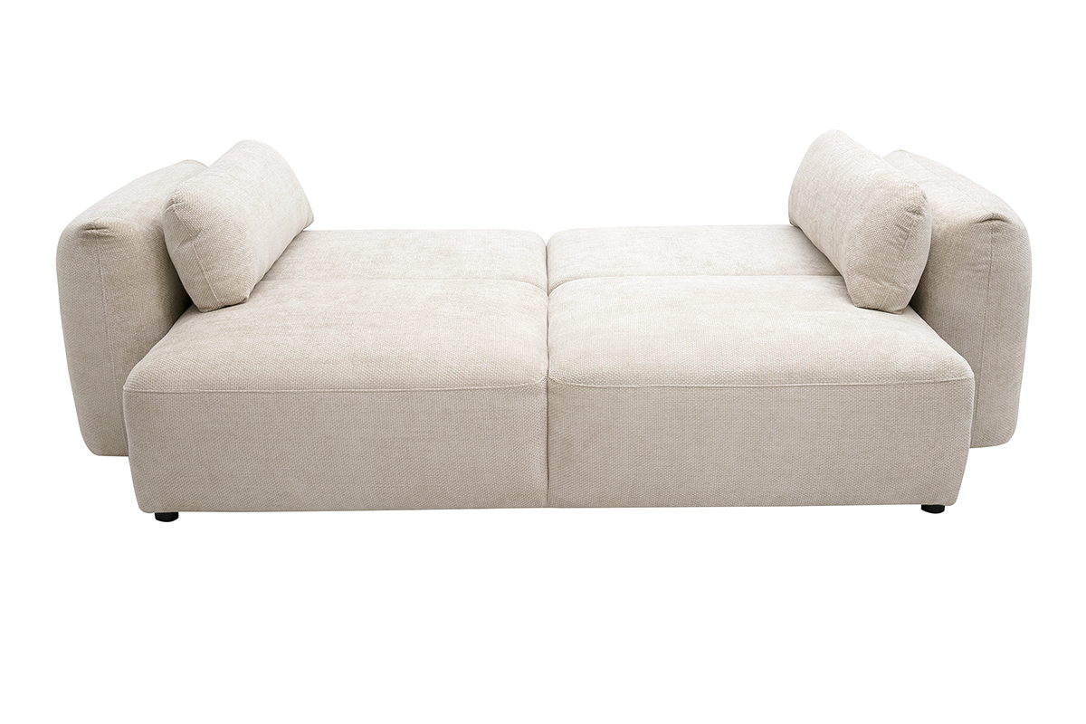 Sof� convertible SWELL beige en terciopelo chenilla, en posici�n desplegada, vista desde arriba.