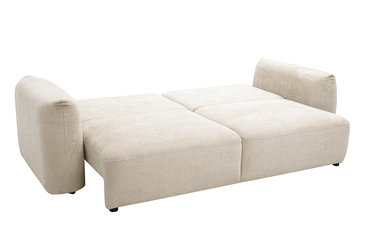 Sof� cama SWELL en tela de terciopelo chenilla beige, con los respaldos bajados, vista en �ngulo.