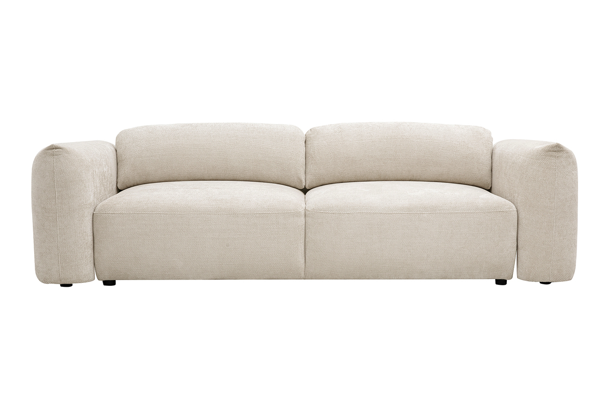 Sof� convertible beige de 4 plazas en tela de terciopelo chenilla, vista frontal.