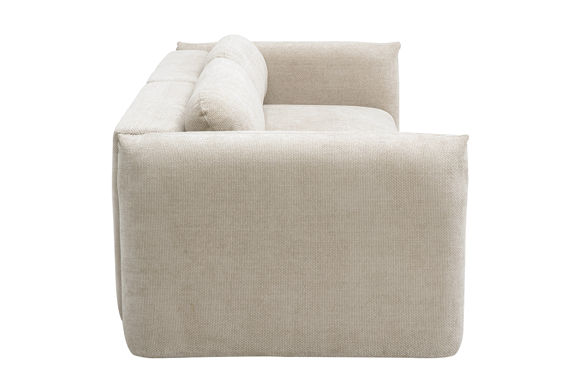 Sof� convertible beige, tela de terciopelo chenilla, vista lateral.
