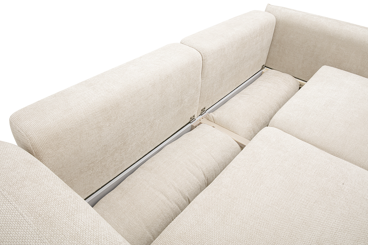 Sof� cama beige SWELL en tela de terciopelo, vista interior del compartimento abierto.