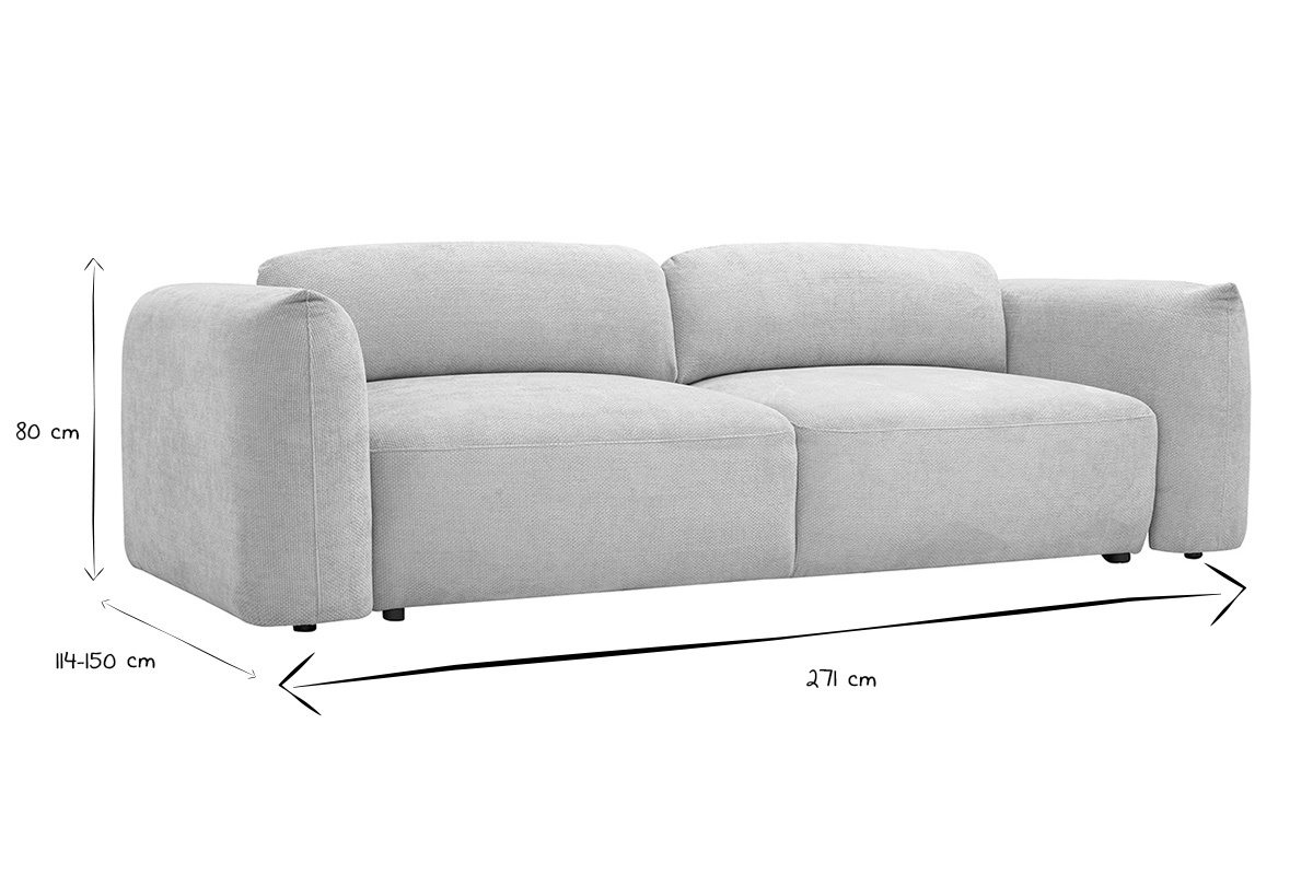 Sof� convertible de 4 plazas con dimensiones en negro y blanco, 271 cm de largo, 80 cm de alto.