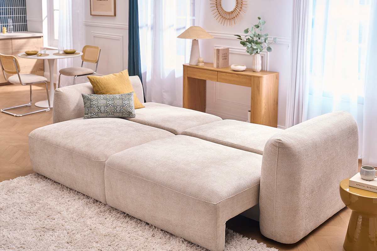 Sof� cama de 4 plazas con arc�n en tela de terciopelo chenilla beige SWELL