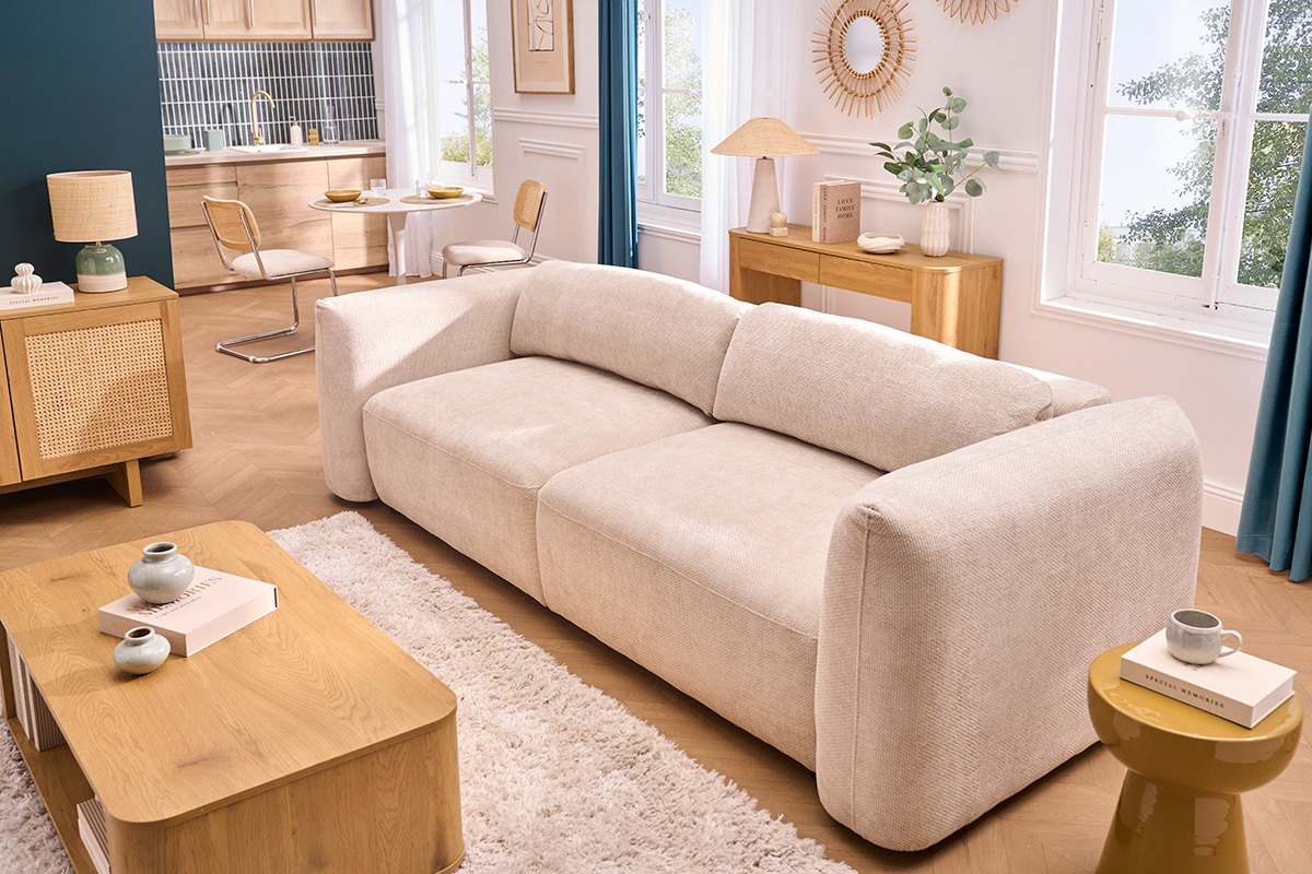 Sof� cama de 4 plazas con arc�n en tela de terciopelo chenilla beige SWELL