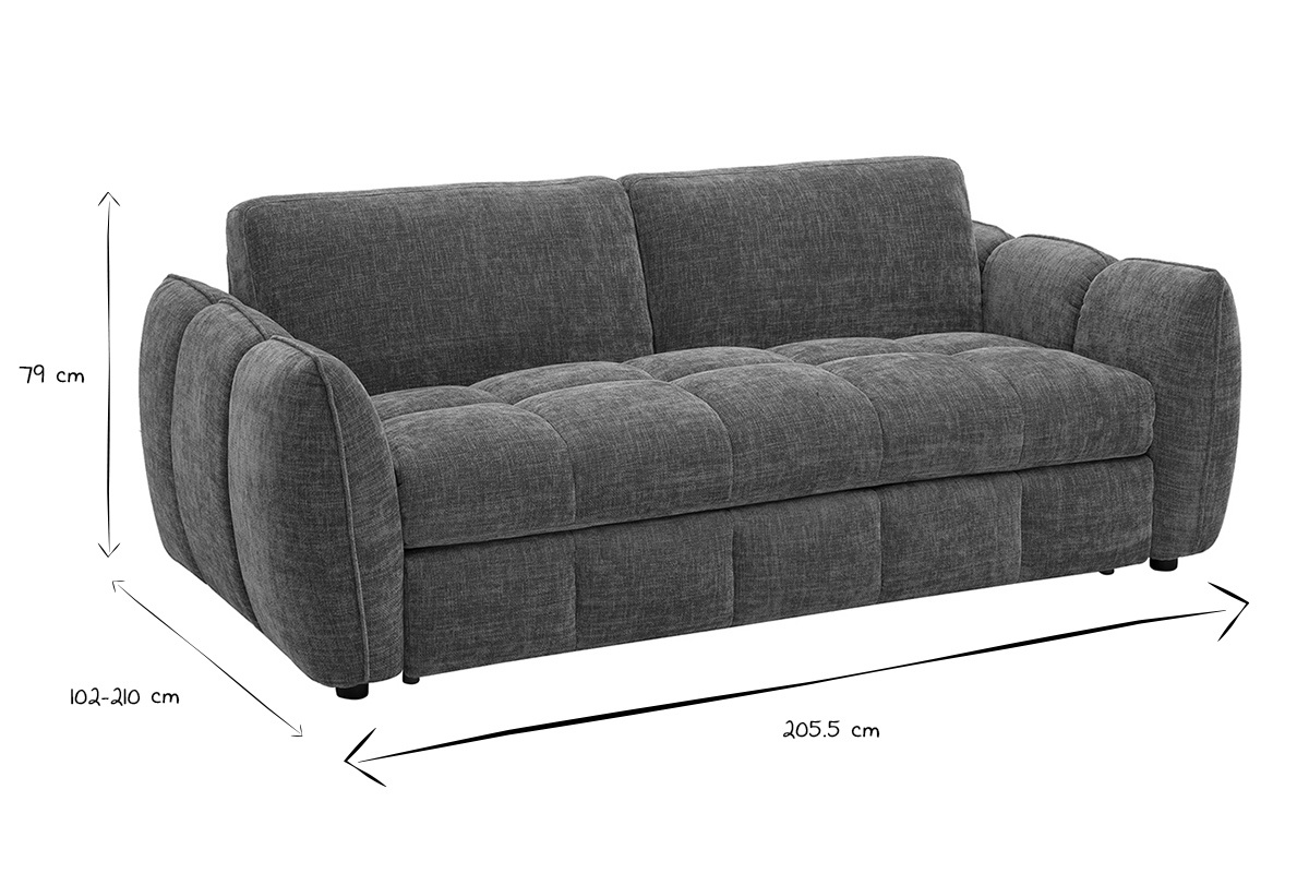 Dimensiones del sof� convertible WONDER en negro y blanco: L205,5 x P102-210 x H79 cm.