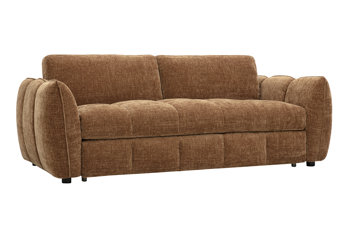 Sof� convertible de dise�o de 3 plazas en tejido con efecto terciopelo texturizado color tierra quemada, vista de 3/4.