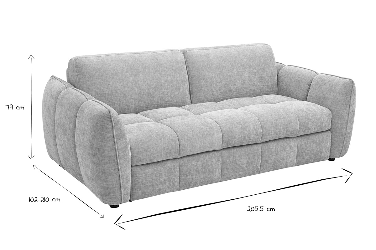 Dimensiones del sof� convertible de 3 plazas: L205,5 x P102-210 x H79 cm, en negro y blanco.