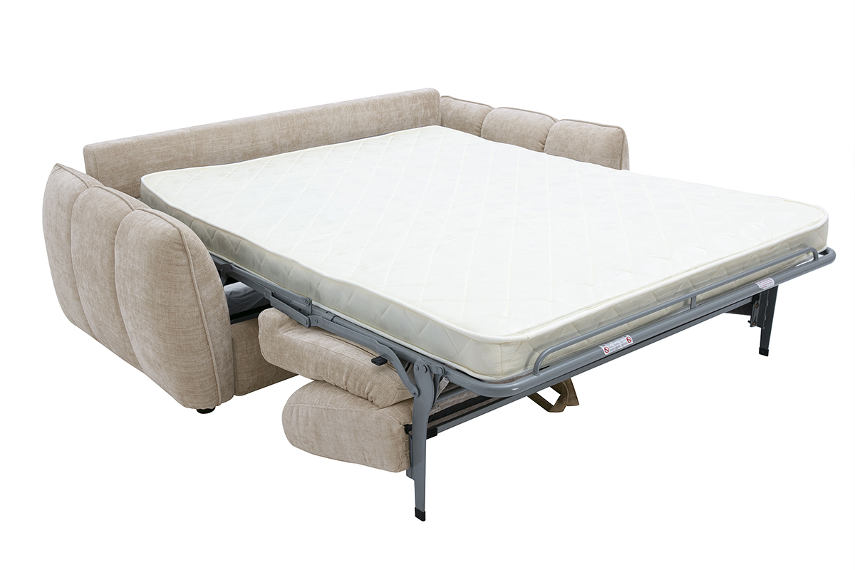 Sof� convertible de dise�o de 3 plazas color topo, desplegado con colch�n visible, vista lateral