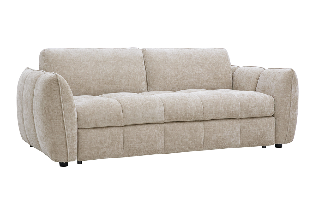 Canap� convertible de 3 plazas en tejido efecto terciopelo texturizado topo, vista de 3/4.