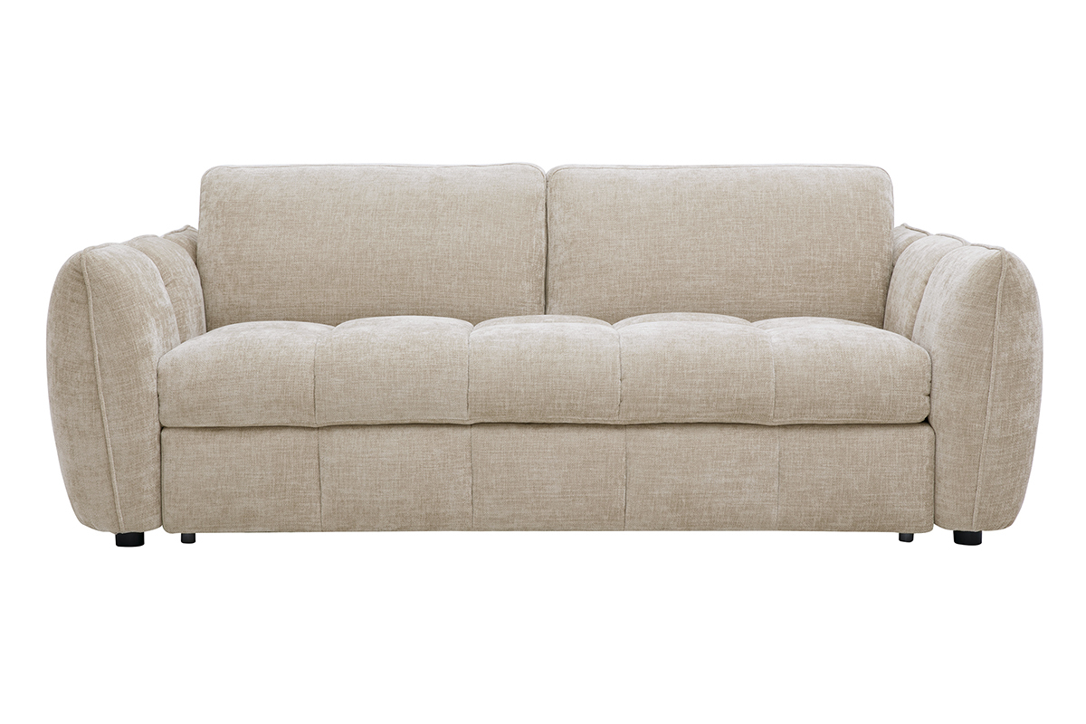 Sof� cama de dise�o de 3 plazas en tejido efecto terciopelo texturizado topo, vista frontal