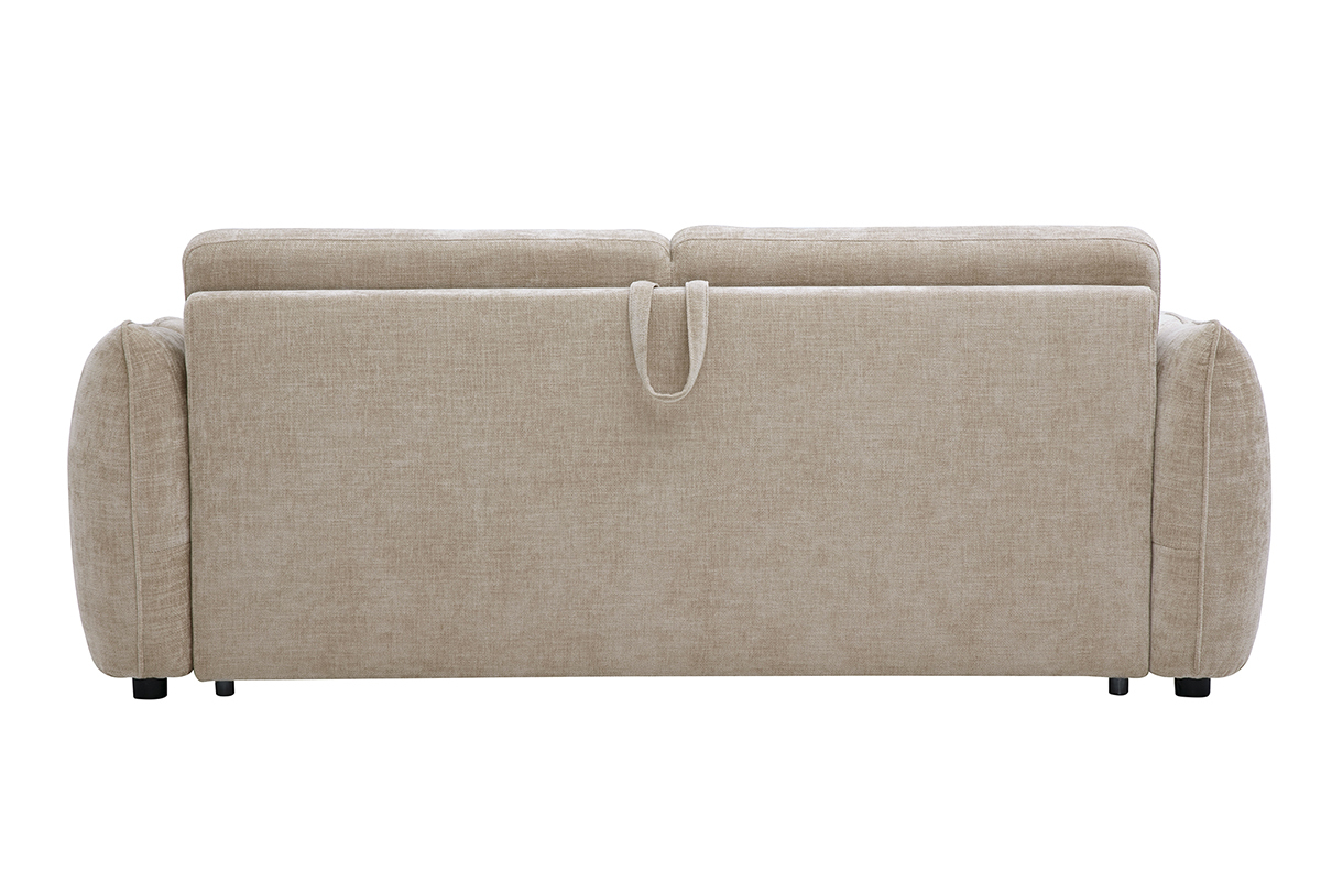 Sof� convertible de 3 plazas color topo, vista trasera, con reposabrazos blandos y estructura discreta.