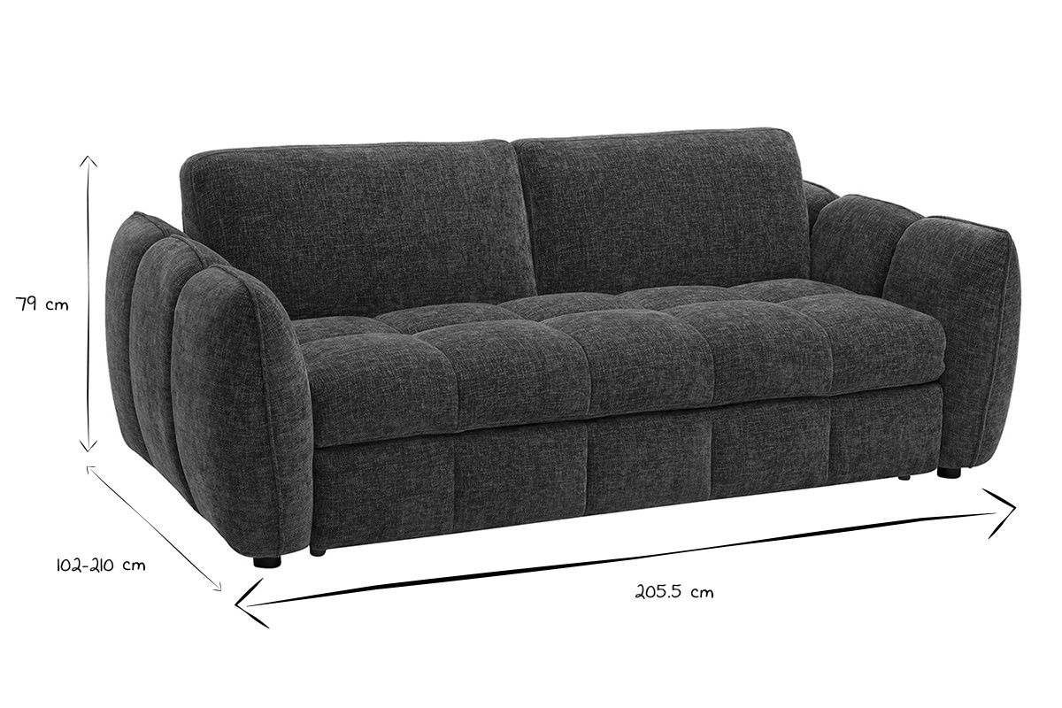 Dimensions del sof� convertible de dise�o de 3 plazas en negro y blanco, L205,5 x P102-210 x H79 cm.