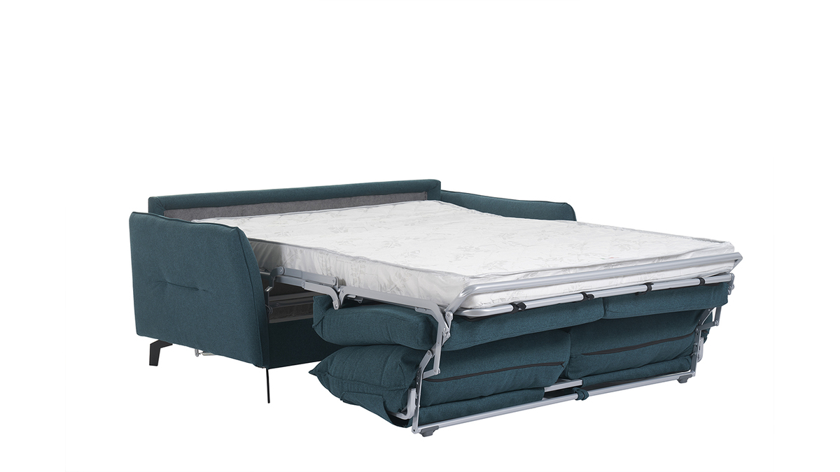 Sof cama de diseo de 3 plazas en tela azul petrleo y metal negro LIAM
