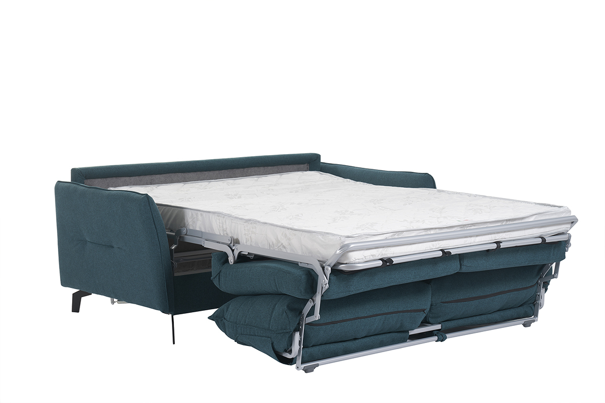Sof cama de diseo de 3 plazas en tela azul petrleo y metal negro LIAM