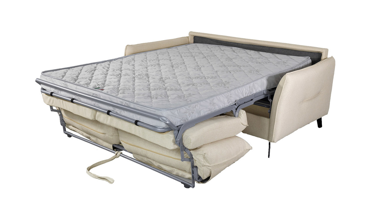 Sof cama de diseo de 3 plazas en tela beige natural y metal negro LIAM