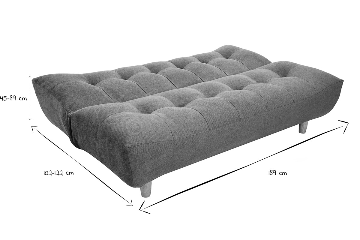 Dimensiones de un sof� cama en negro y blanco: 189 cm de largo, 45-89 cm de alto, 102-122 cm de profundidad.