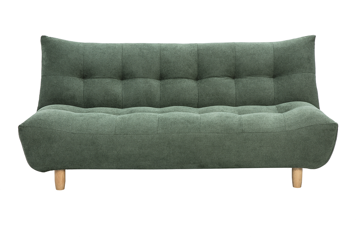 Sof� convertible de 3 plazas en tela verde kaki y patas de madera clara, vista frontal.