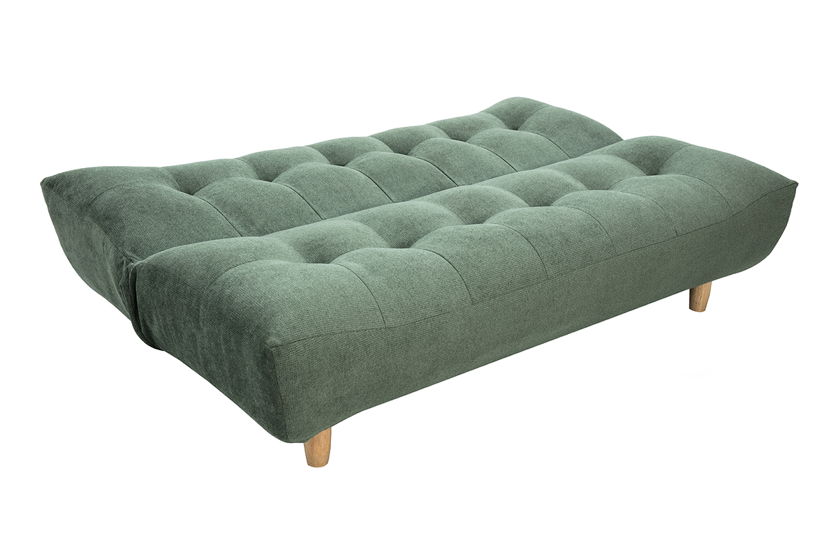 Sof� cama verde caqui en tela de chenilla con patas de madera, vista 3/4.
