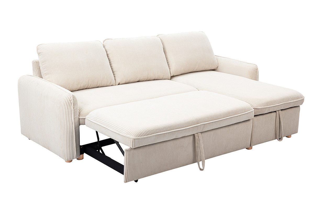 Sof esquinero reversible de pana beige, vista de 3/4.
