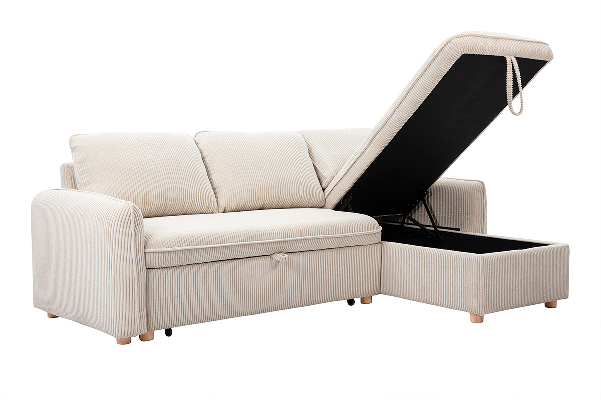 Sof cama esquinero convertible beige ORSO, con bal abierto, vista de 3/4.