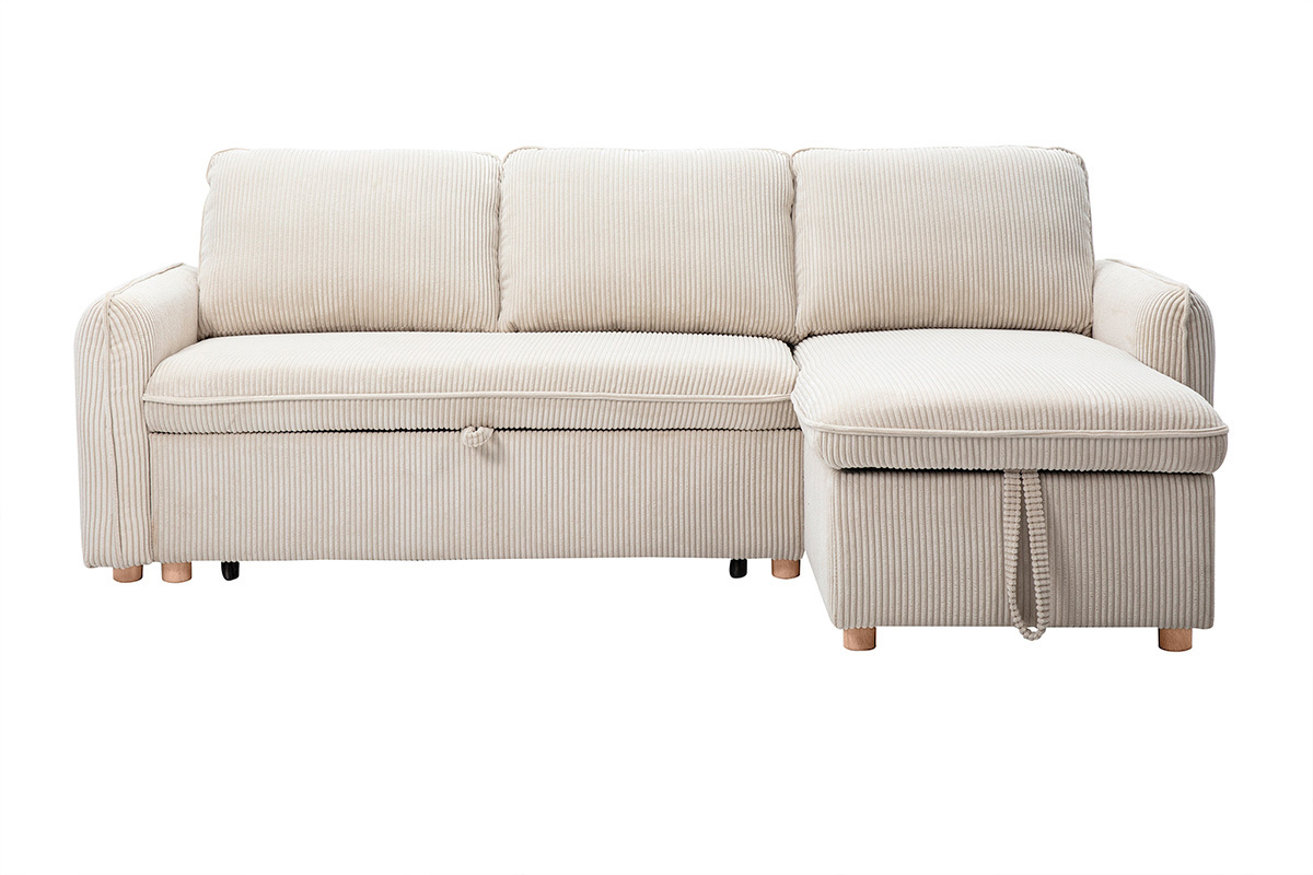 Sof esquinero convertible en terciopelo beige con vista frontal y patas de madera clara.