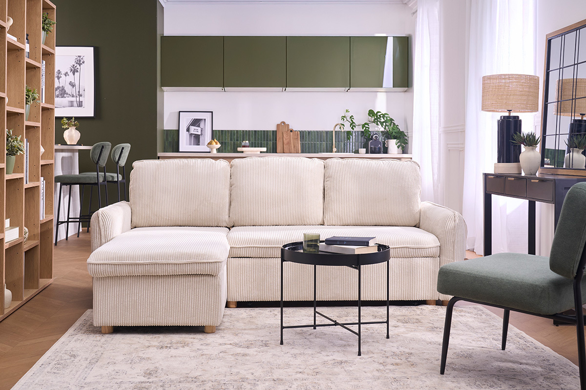 Sof� cama esquinero convertible reversible con ba�l de 3 plazas en tela terciopelo de pana beige y madera clara ORSO