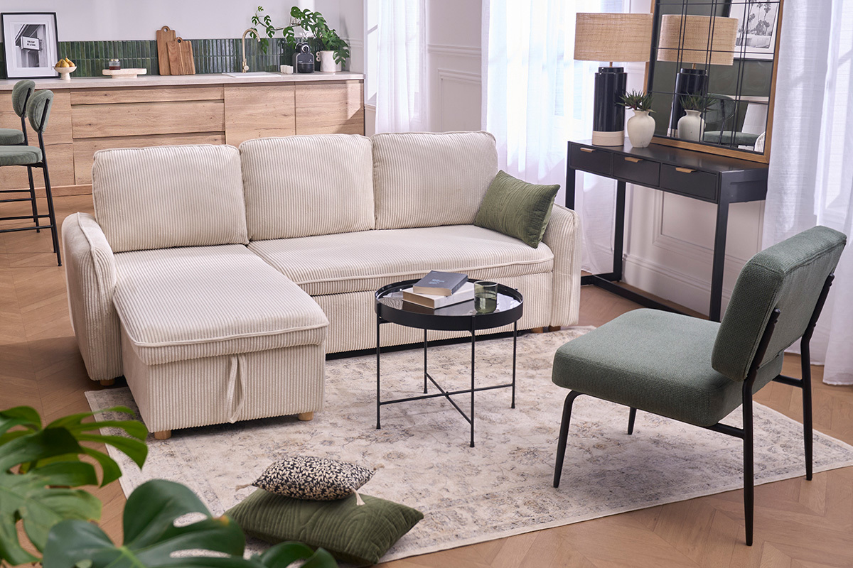 Sof� cama esquinero convertible reversible con ba�l de 3 plazas en tela terciopelo de pana beige y madera clara ORSO