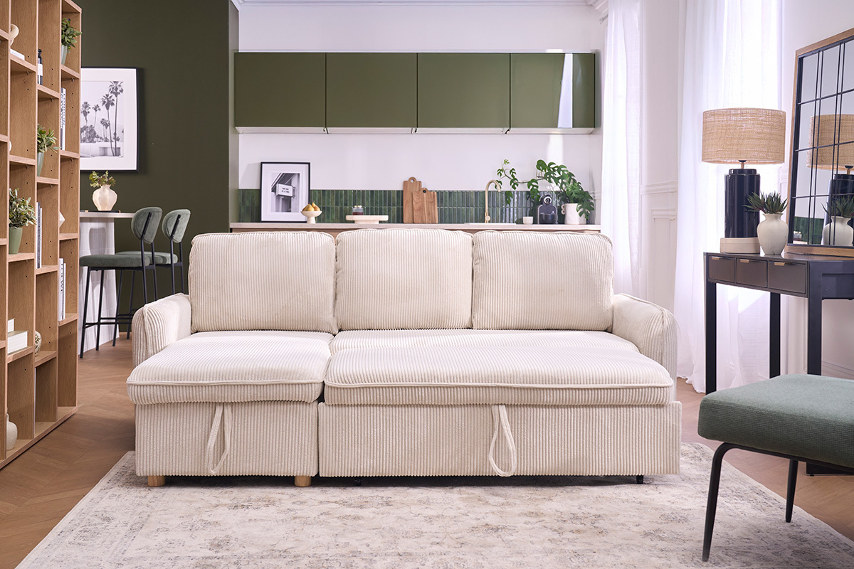 Sof� cama esquinero convertible reversible con ba�l de 3 plazas en tela terciopelo de pana beige y madera clara ORSO