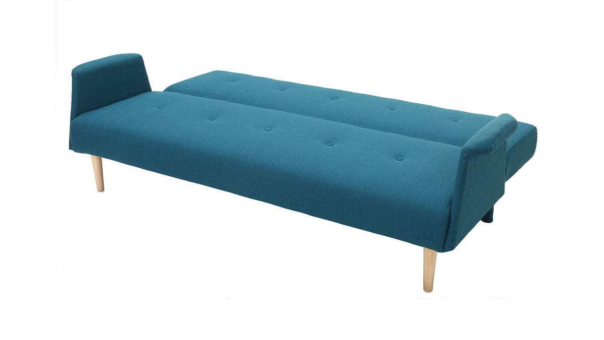 Sof cama nrdico 3 plazas de tela azul petrleo y madera clara OSCAR