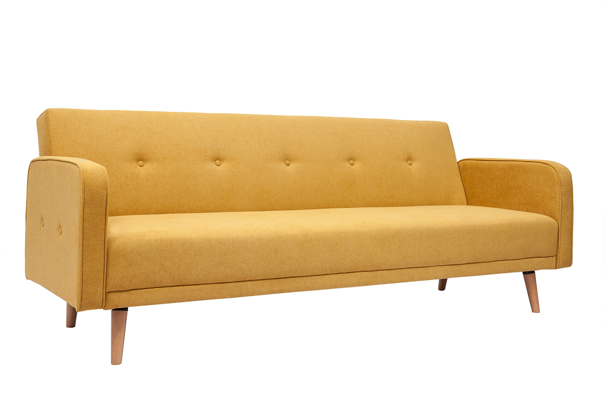 Sof cama nrdico 3 plazas de tela efecto aterciopelado amarillo mostaza y madera clara ULLA