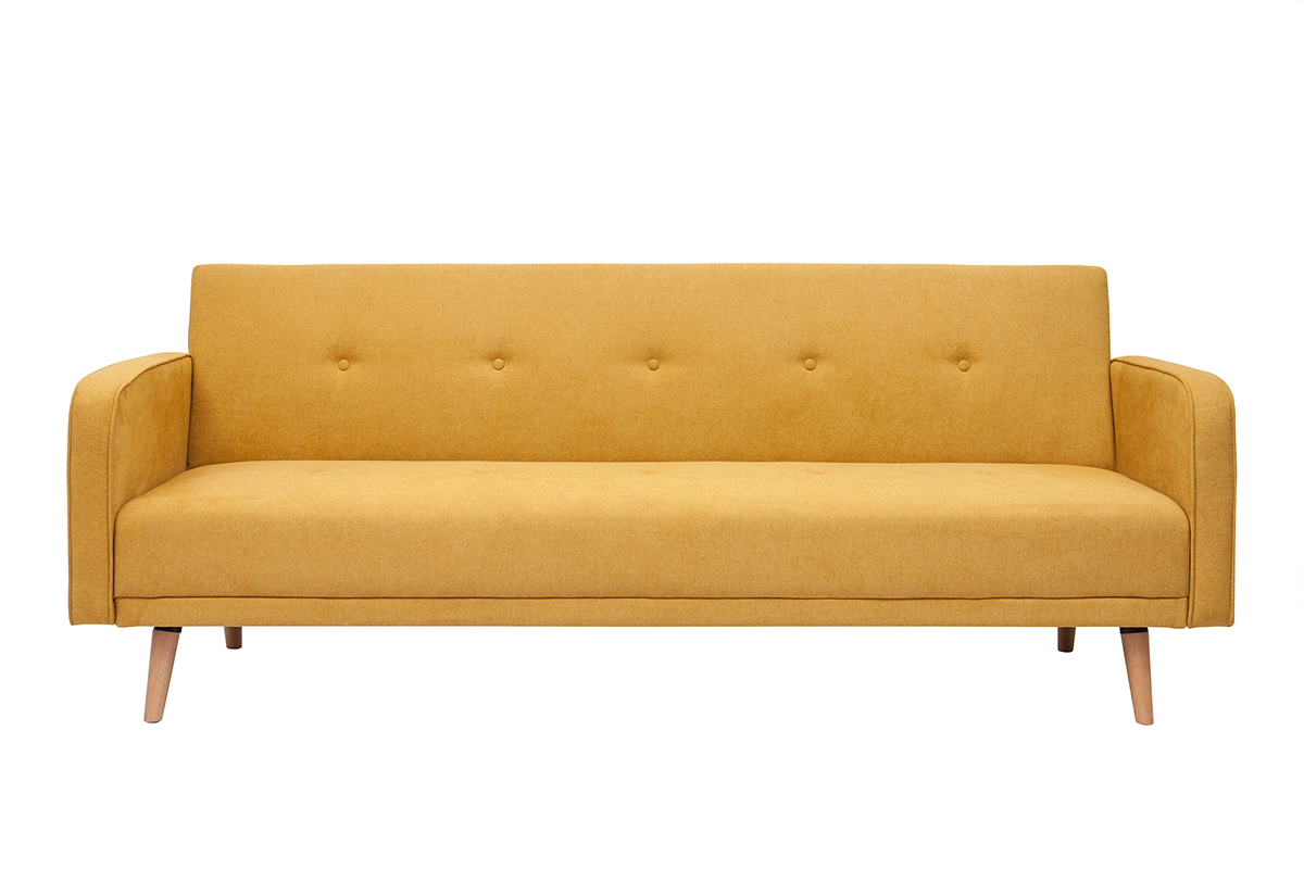 Sof cama nrdico 3 plazas de tela efecto aterciopelado amarillo mostaza y madera clara ULLA